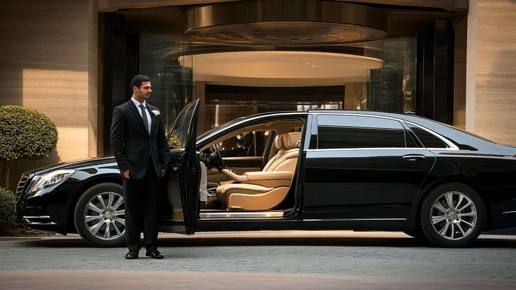 VIP Luxury Chauffeur opening black limousine door.